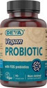 DEVA Vegan Probiótico con FOS Prebióticos Suplemento - 2 Billones CFU con 100 MG de Prebióticos por Servir para Hombres y Mujeres - No-Dairy Gluten Libre - Naturalmente Establo Stable - 90 cápsulas