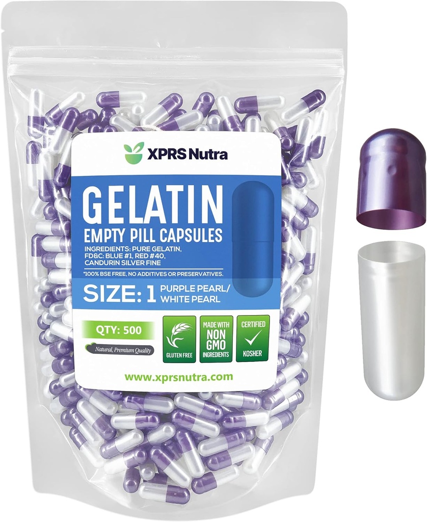 XPRS Nutra Size 1 Empty Capsules - 500 Count Empty Gelatin Capsules - Pill DIY Capsule Filling - Pure Bovine Pill Gel Caps for Do-It-youself Supplements (Pearl Purple/White)