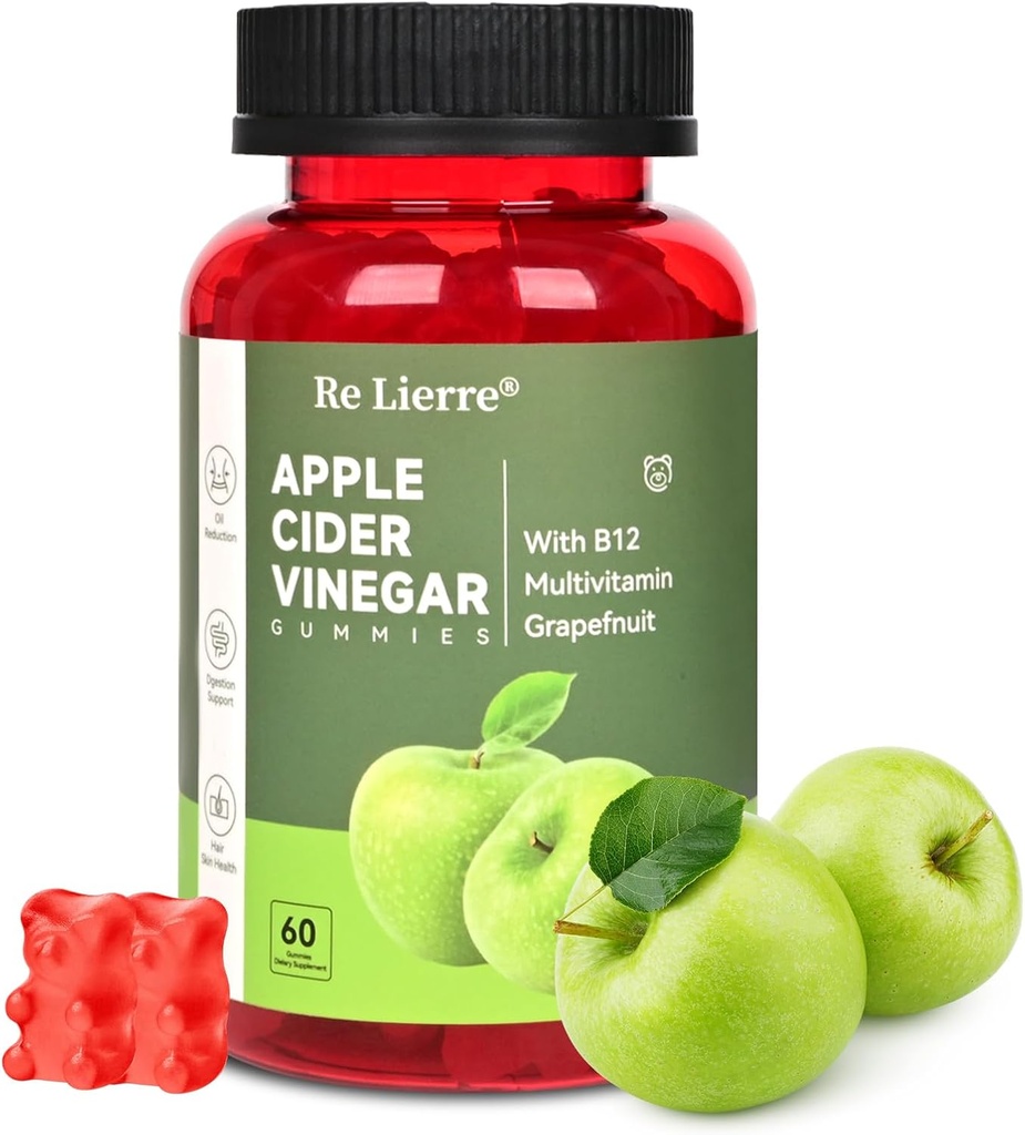 MonTUE Apple Cider Vinegar Gummies B12 Multivitamínico,ACV Suplemento Gummy Vitaminas,No GMO, Suplemento Vegetariano para Hombres Mujer,Apoyo Niveles de Energía Normal y Gut Health 60 Gummies