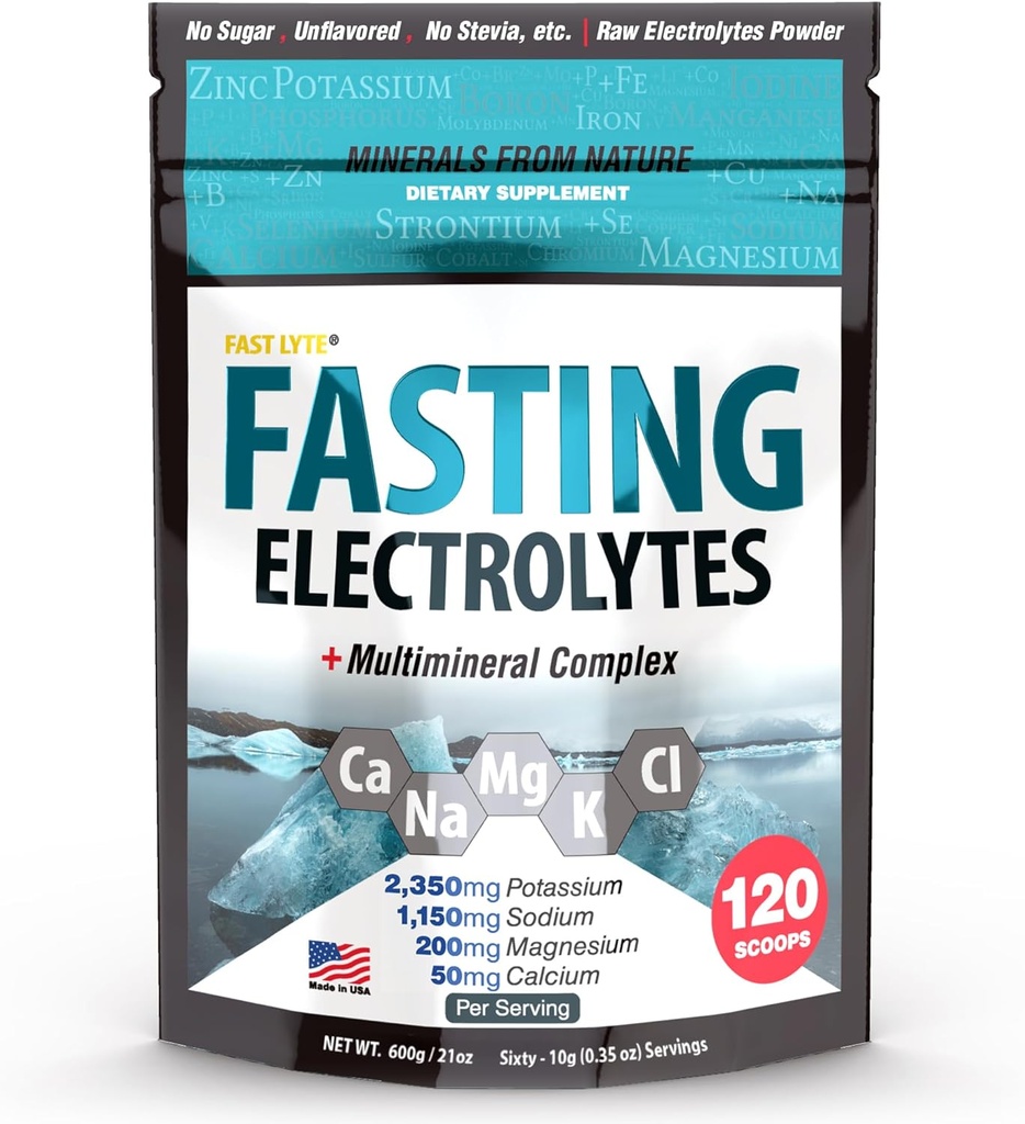 Fasting Electrolyte Suplemento Polvo Silencio No Azúcar Electrolitos crudos Desflavoreados ← 50% RDI Magnesio y Potasio con Trace Minerals ← Carnivore &amp; Keto Friendly ← Sugar Free Fasting Salts
