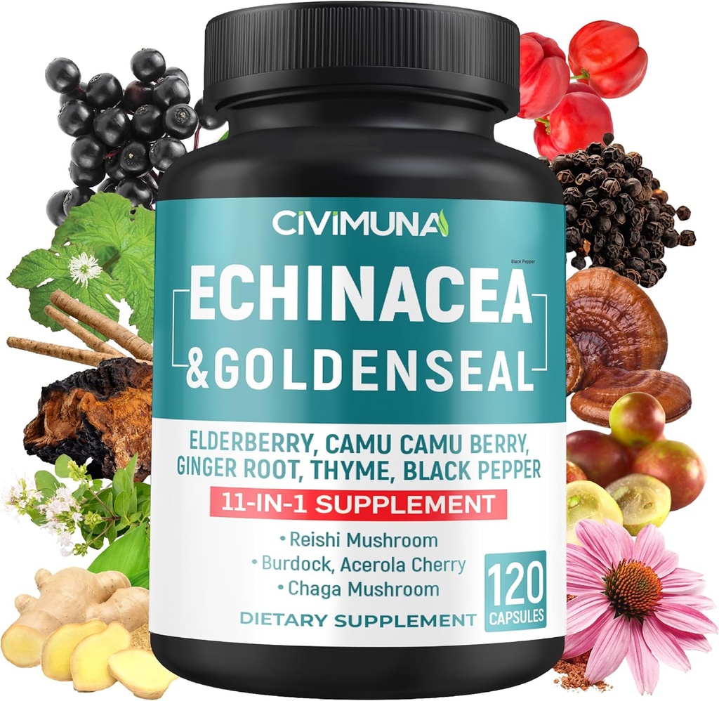 Echinacea Extract Capsules con Echinacea, Goldenseal Root, Elderberry y Más - 120 cápsulas para 4 meses de suministro