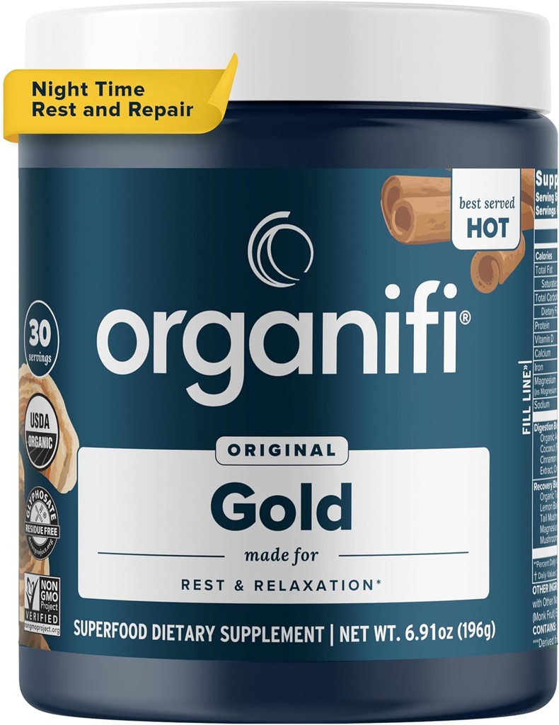 Organifi: Gold - Superfood Supplement Powder - 30 Servings - Stress Support, Better Rest, Relax and Promotes Restful Sleep - Turmeric and Reishi Infused