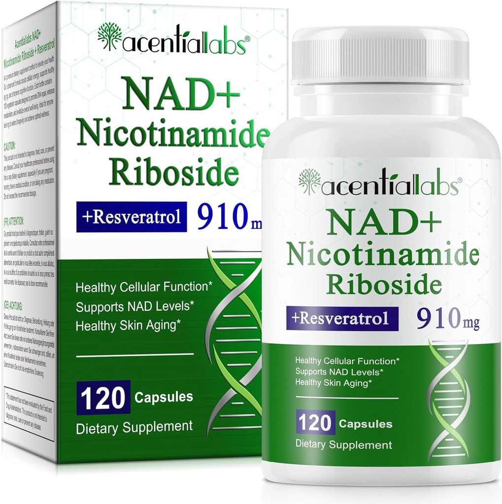 NAD Suplemento, NAD Nicotinamide Riboside Resveratrol 910mg, High Purity NAD Suplemento para la función celular sana, soporta los niveles de NAD Niveles de envejecimiento saludable de la piel Suplemento dietético 120 cápsulas