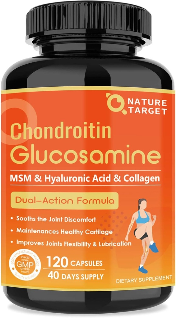 NATURE TARGET Glucosamine Chondroitin Joint Support Supplement - Plus MSM, Collagen, Turmeric, Shellfish Free, Supports Joint, Knees, Cartilage, for Men &amp; Women, 120 Caps