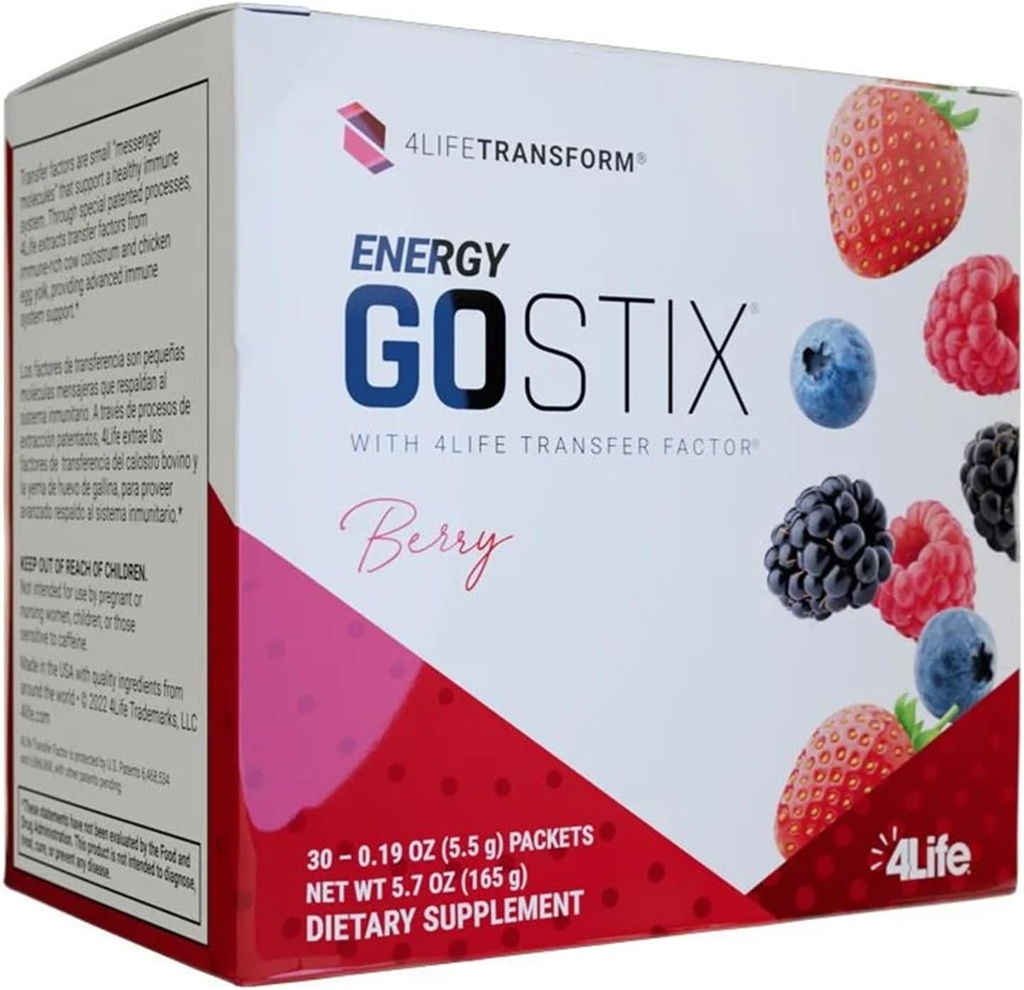 4Life Energy Go Stix, Healthy Energy Drink Mix, Caffeine de Guarana, Maca, Yerba Mate y Green Tea Leaf Extract, Berry Flavor - 30 Packets
