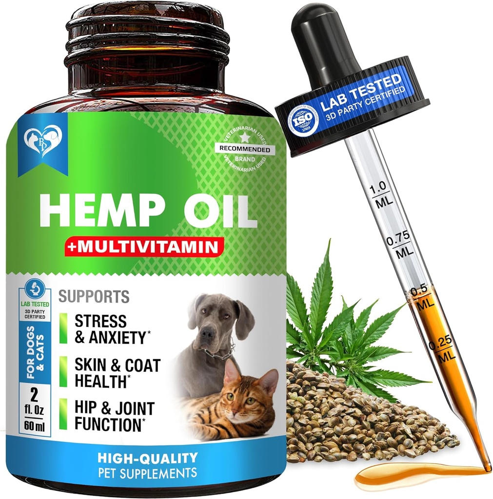 Cat &amp; Dog Hemp Oil Drops with Multivitamin - Pet Calming Anti Anxiety & Hip and Joint Pain Aid and Anti Stress Support - Natural Liquid Supplement (2 oz)