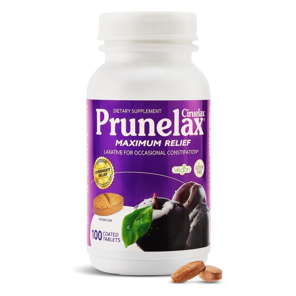 Prunelax Ciruelax Maximum Relief Laxative Tablets with Natural Senna for Occasional Constipation, Senna Extract, Vegan & Gluten-Free, Gentle Overnight Relief - 100ct