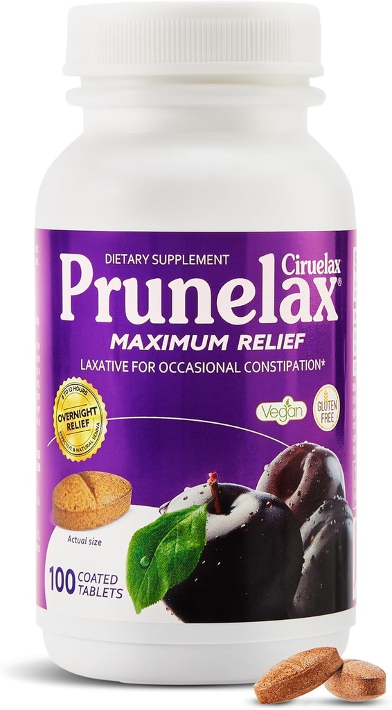 Prunelax Ciruelax Maximum Relief Laxative Tablets with Natural Senna for Occasional Constipation, Senna Extract, Vegan &amp; Gluten-Free, Gentle Overnight Relief - 100ct