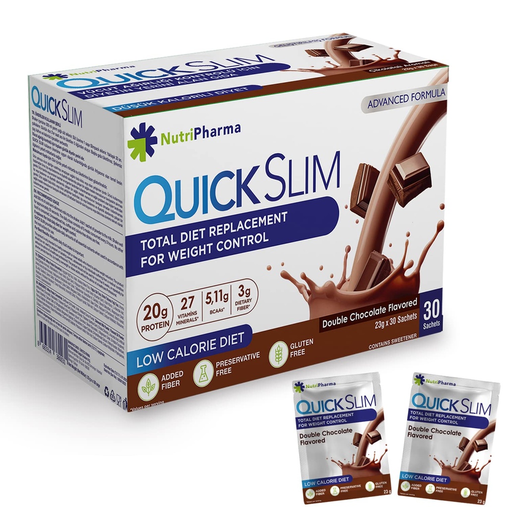 Quick Slim Meal Replacement Shake for Weight Loss, 30 Servings, 20g Protein, 27 Vitaminas &amp; Minerals, Fibra dietética, Bajo Carb, Gluten Free (Doble Chocolate, 30 Sachets)