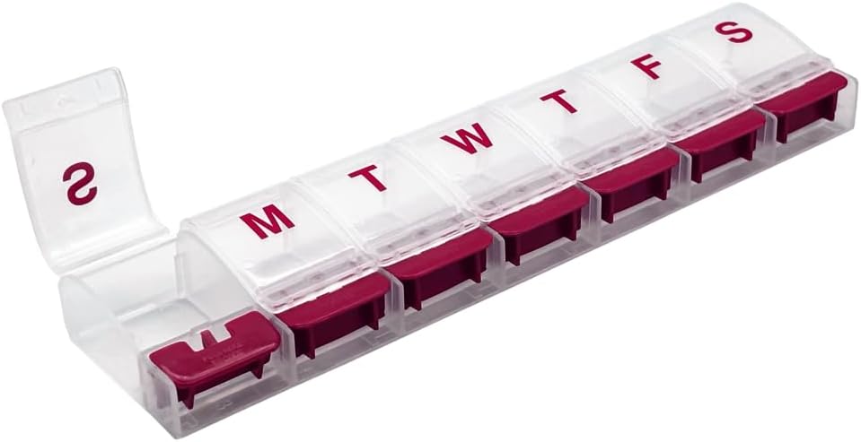 EZY DOSE Weekly (7-Day) AM/PM Daily Push Button Pill Organizer, Vitamin Case, and Medicine Container, X-Large Compartments, Artritis Friendly, Convenient and Easy to Use, Clear/Red, BPA Free