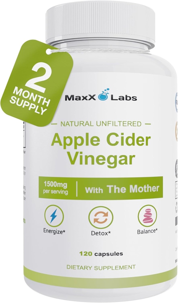 Manzana de vinagre cápsulas con madre, 1500 mg de píldoras ACV, ayuda a mejorar la energía, apoyar esfuerzos para mejorar la inmunidad y la digestión de alta potencia, no Gluten-Free - 60 días de suministro