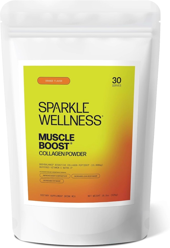 Sparkle Wellness Muscle Boost (Orange) [30-Serves] viv Collagen Supplement Powder with Hydrolyzed BODYBALANCE Collagen Peptides &amp; Buffered Vitamin C  Mejora la composición corporal