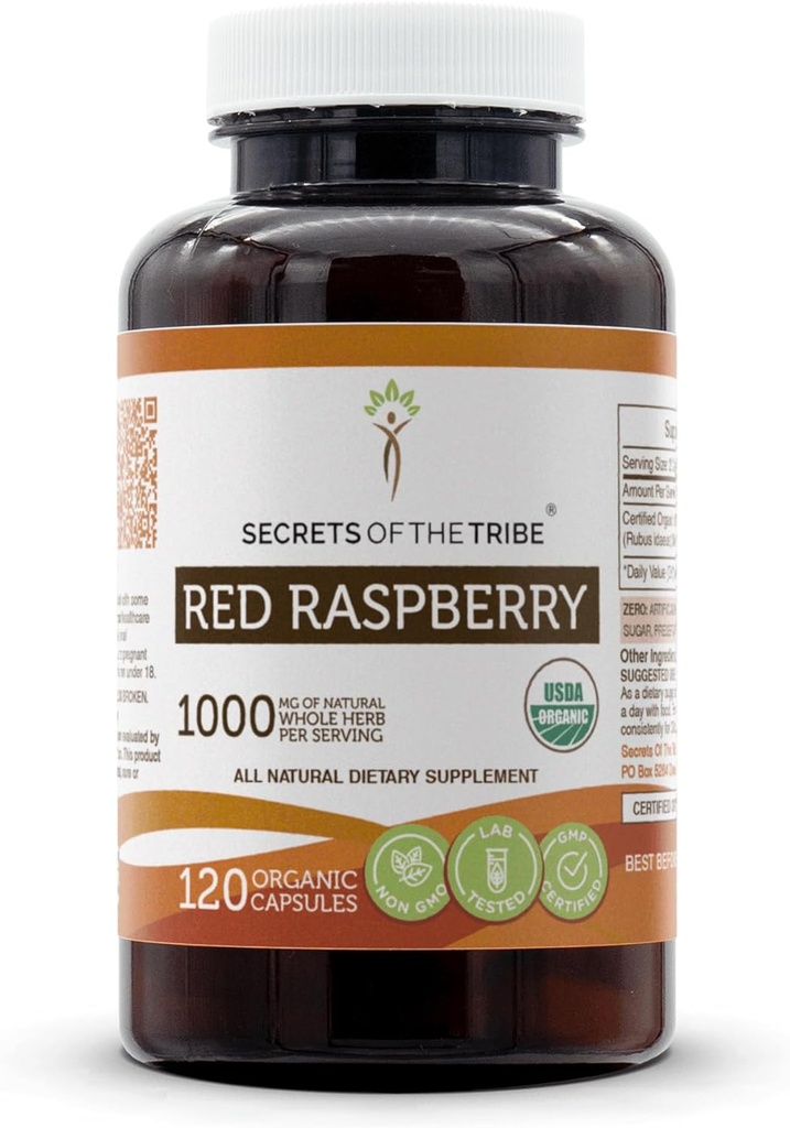 Secrets of the Tribe Red Raspberry USDA Organic Capsules ← Certified Organic Vegetarian Capsules, Herbal Dietary Supplement ¦ Rubus idaeus Dried Leaf (120 Conde)
