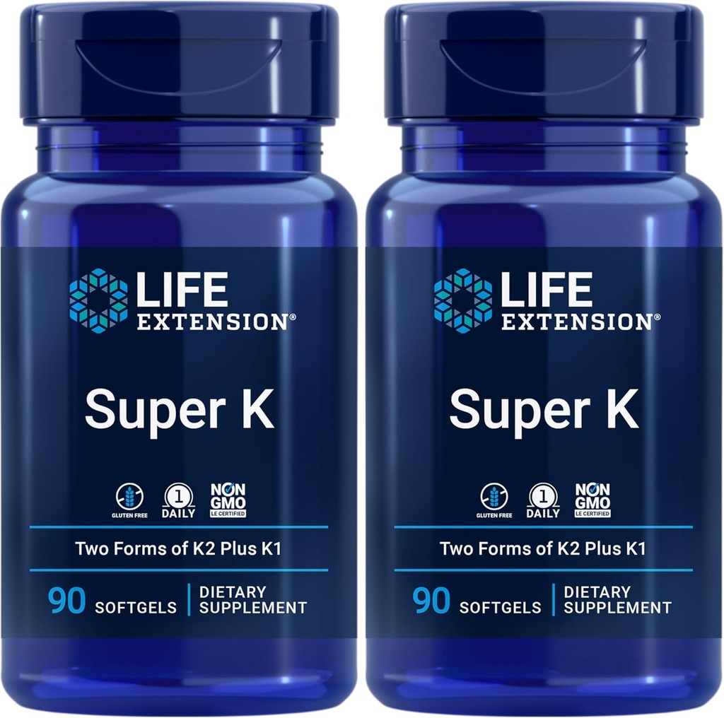 Life Extension Super K, Vitamin K1, Vitamin K2 mk-7, Vitamin K2 mk-4, Vitamin C, Bone/Heart/arterial Health, 3-Month Supply, Gluten-Free, 1 Daily, Non-GMO, 90 softgels (Pack of 2)