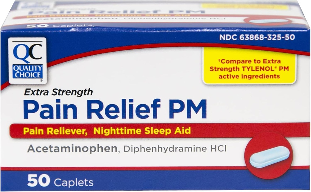 Quality Choice Extra Strength Pain Relief PM, Doin Reliever and Nighttime Sleep Aid, Acetaminophen 500 mg " Diphenhydramine HCI 25 mg (Sleep Aid), 50 paquetes de cuenta de cápsulas