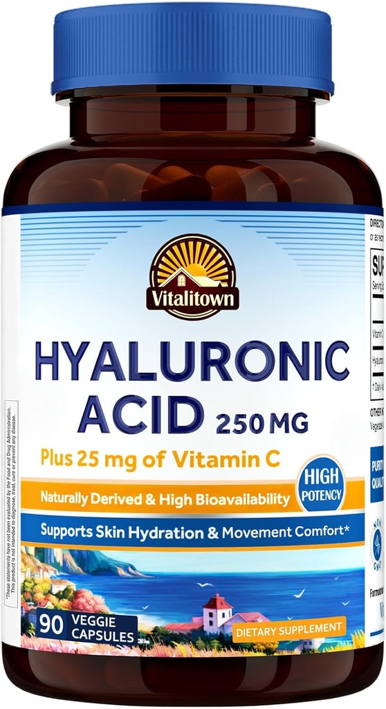 Suplementos de ácido hialurónico de Vitalitown 250 mg, más 25 mg de vitamina C, naturalmente derivada " alta biodisponibilidad, hidratación de la piel, 90 cápsulas veganos, 3 meses de suministro