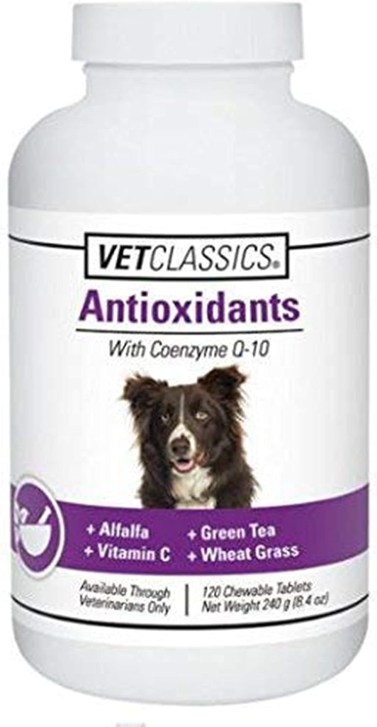 Vet Classics Antioxidants with Coenzyme Q-10 for Dogs, with Alfalfa, Green Tea, Vitamina C, " Wheat Grass, 120 Chewable Tablets
