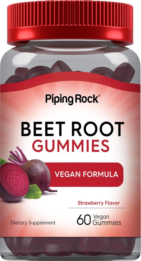 Piping Rock Beet Root Gummies ← 60 Conde Silencio para Hombres y Mujeres ← Nitric Oxide Suplemento Silencio con Vitamina C y Black Pepper ← Strawberry Flavor ← Vegan, No GMO, Gluten Free