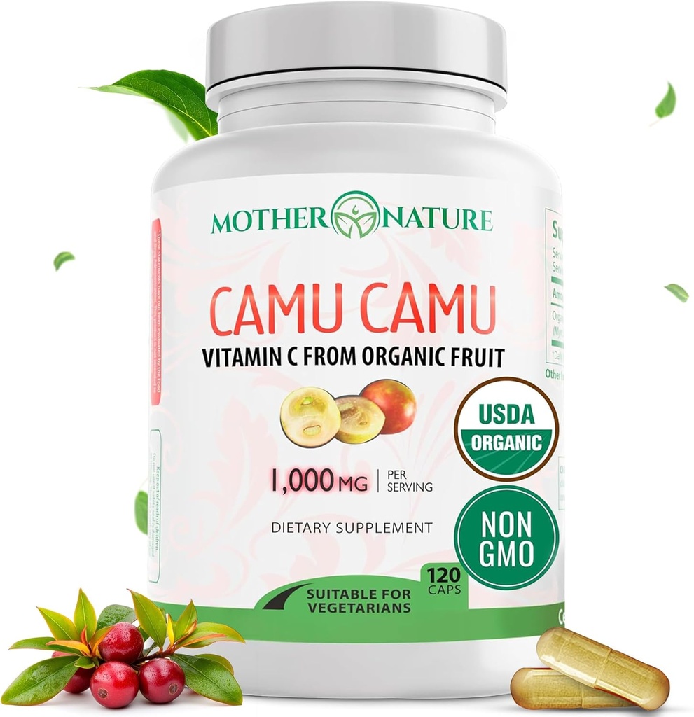 Vitamina orgánica C de Camu Camu Capsules 1000mg, Empaquetado con VIT natural C, Antioxidantes crudos - Suplemento de Apoyo Inmunitario " Anti-Aging for Skin - Powder Organic, Vegan, Non-GMO (120 Conteo)