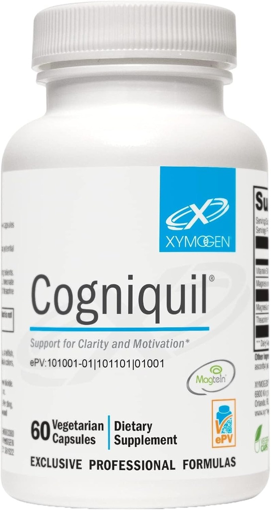Cogniquil XYMOGEN - Apoyo a la Claridad, Enfoque, Motivación, Energía Mental y Física - Magnesio L-Threonado para suministrar Magnesio Biodisponible al Cerebro, Teacrina + Vitamina B12 (60 cápsulas)