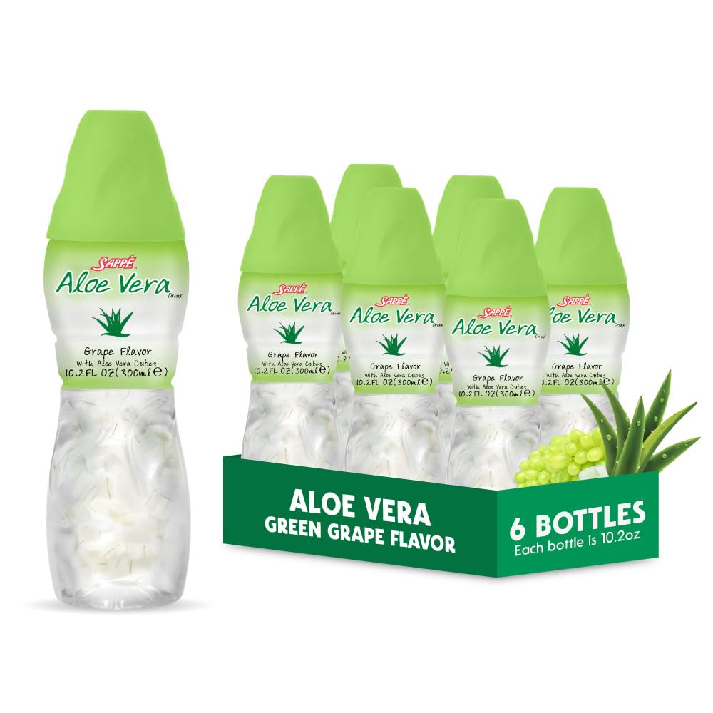 Jugo de aloe vera (Grape saboreado) con trozos más grandes de pulpa de aloe puro (6 paquetes) Zumo de planta grande para hidratación y contiene pulpa de aloe grande. Es saludable para adultos y niños