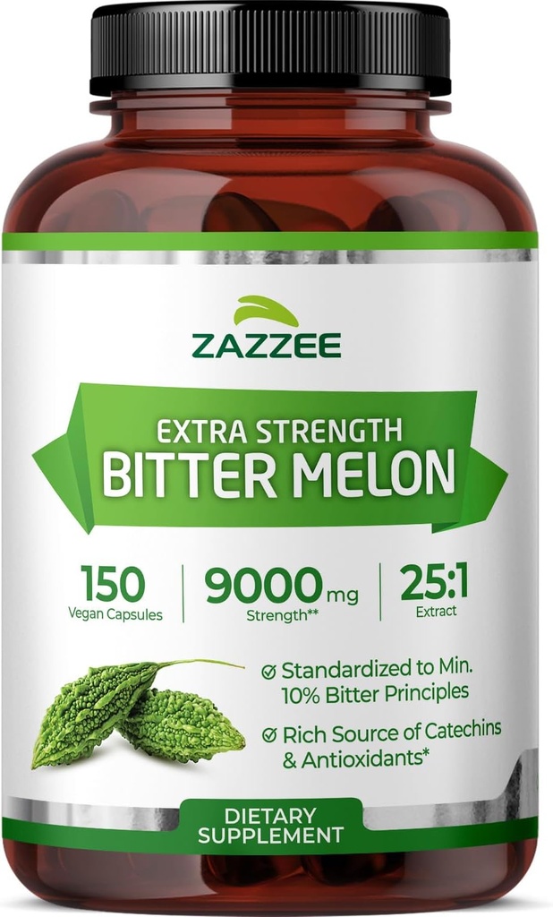 Zazzee Extra Strength Bitter Melon 25:1 Extract, 9000 mg Strength, 10% Bitter Principles, 150 cápsulas veganos, Standardizado y concentrado 25X Extract, 100% vegetariano, todo natural y no transgénico