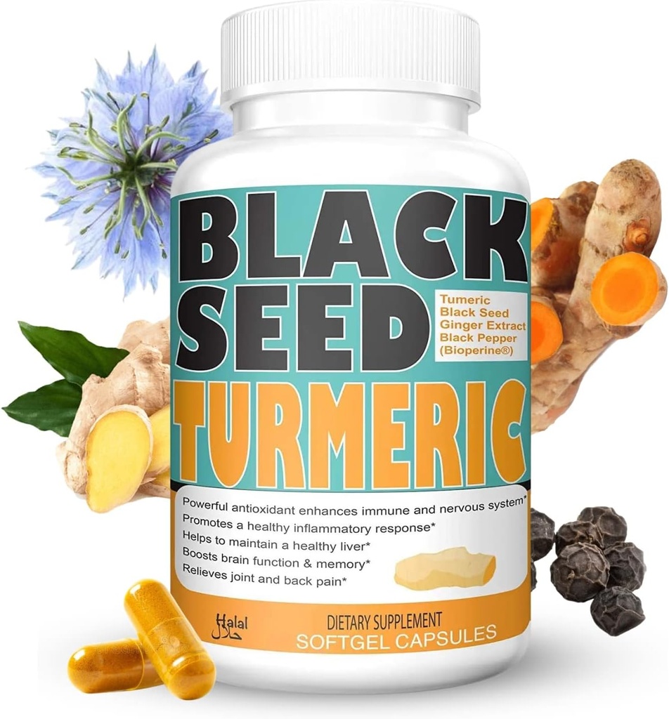 Turmeric 1350mg Curcumin 150mg Black Seed Powder 75mg Ginger Extract 50mg Black Pepper Fruit Extract 10mg Bioperine 60 Veggie Count Capsules by Sweet Sunnah