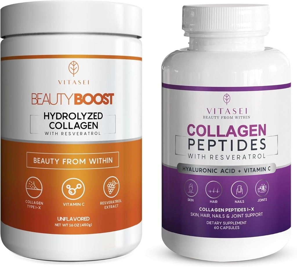 VITASEI Collagen Wellness Bundle – Hidrolyzed Collagen Peptides Powder " Collagen Peptide Capsules with Vitamin C " Resveratrol – Support for Hair, Skin, Nails, Bones, " Joints