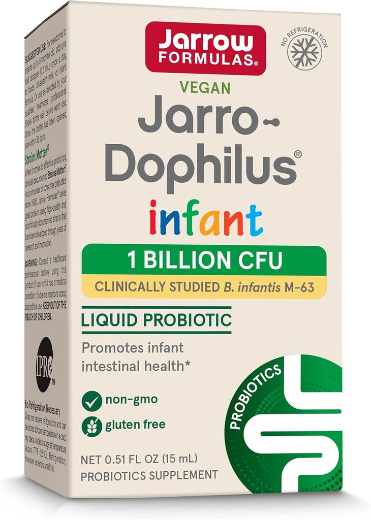 Jarrow Fórmulas® Jarro-Dophilus® Probiótico líquido infantil, Suplemento dietético, Asistencia sanitaria intestinal para bebés, 1 billón de UF por servicio, 0,51 fl oz, 30 días de suministro