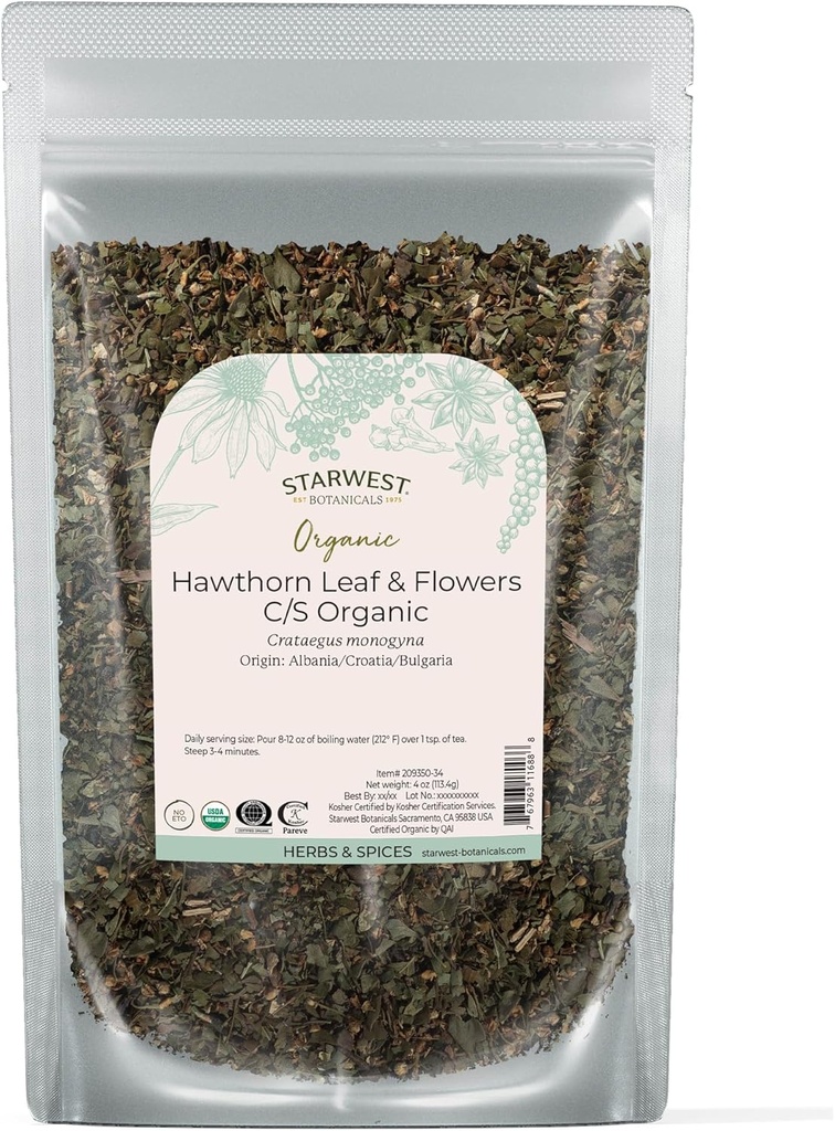 Starwest Botanicals Organic Hawthorn Leaves & Flowers - Dried Loose Leaf Herb for Tea, Natural Wellness Support for Women ' Men, Cut ' Sifted, Certified Kosher, Non-GMO - 4 oz Pouch