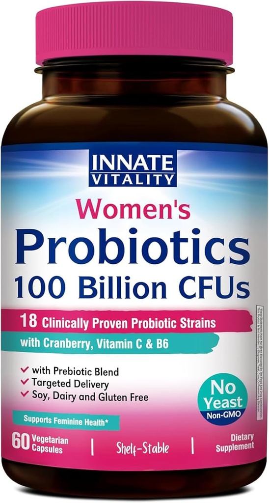 Probióticos de Vitality innato para mujeres, 100 millones de UFC 18 Strains, Prebióticos y Probióticos, con arándano, vitamina C " B6 P5P, Vaginal " Salud Digestiva, No refrigerada, 60 cápsulas