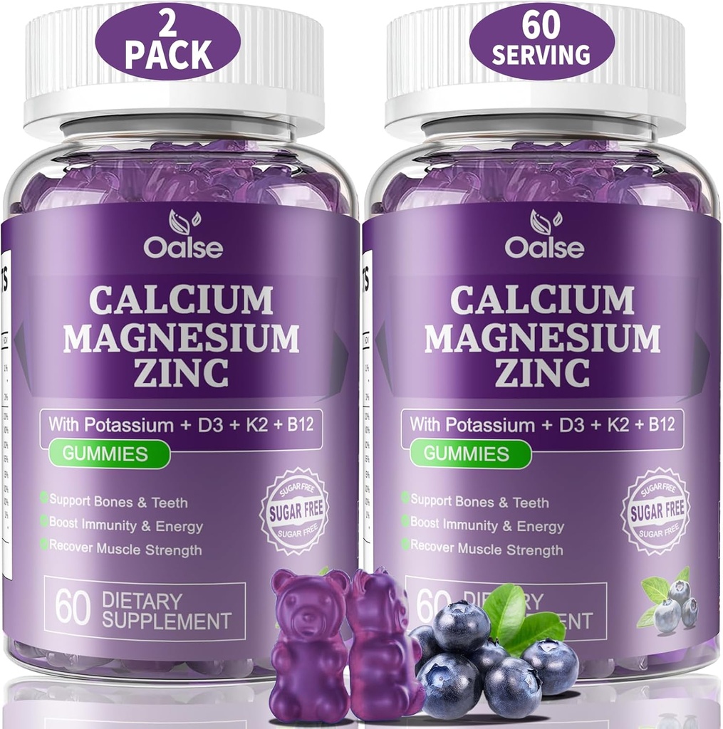 (2 Pack) OALSE Magnesium Zinc Gummies de calcio con vitamina D3 & K2-High Absorption Magnesium Glycinate-Muscles, Immune & Sleep Support-Sugar Free- Blueberry Flavored-120 Counts