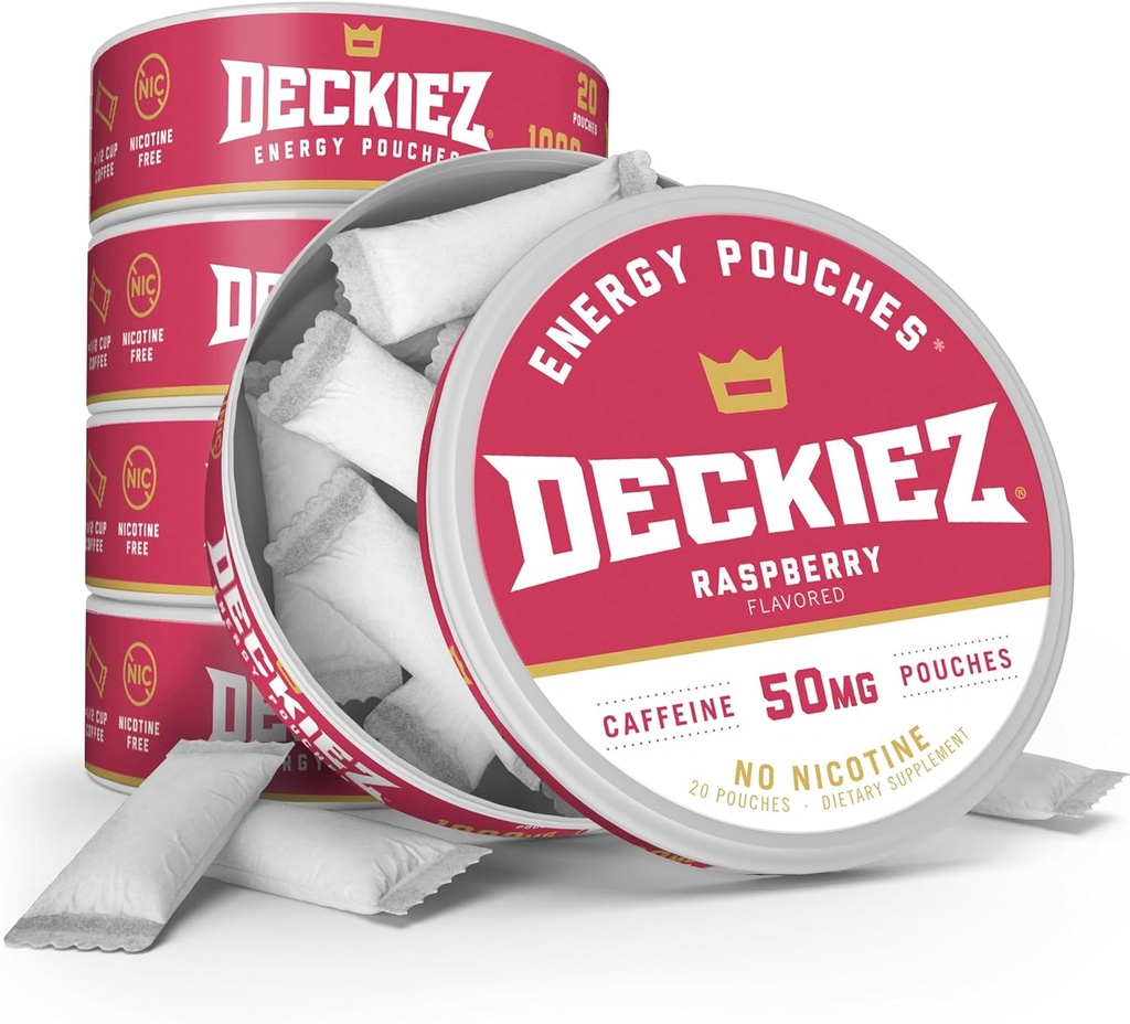Deckiez Energy Pouches, 5 Cans (100 Servings), Sugar Free Caffeine Supplement, Coffee Pouches & Energy Drink Alternative, 50mg Caffeine Pouches, Raspberry Flavor