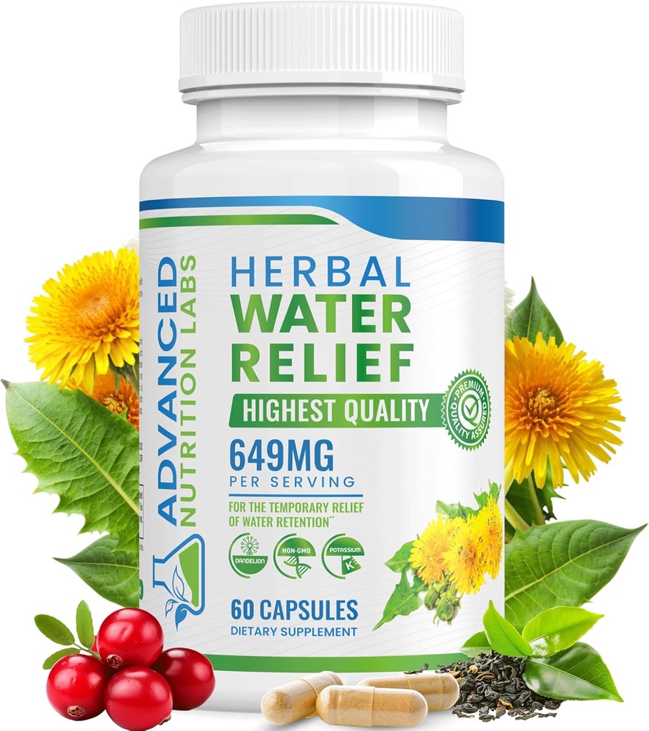 Herbal Water Relief Diuretic Water Pills for Water Retention, Bloating, Swollen Legs, Feet - Dandelion Extract Supplement - Water Retention Pérdida - Diuretics for Women &amp; Hombre - 60 cápsulas