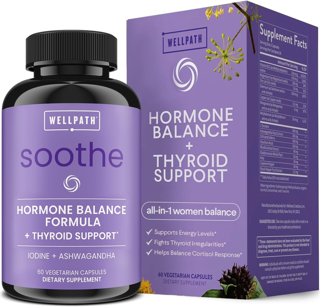 WellPath Soothe Hormone Balance for Women + Cortisol Supplements for Women  durable Thyroid Support, Mood Support, " Metabolism Booster ¦ Adrenal Support ← Rhodiola, Selenium, Iodine tención Adaptogens, 60 ct
