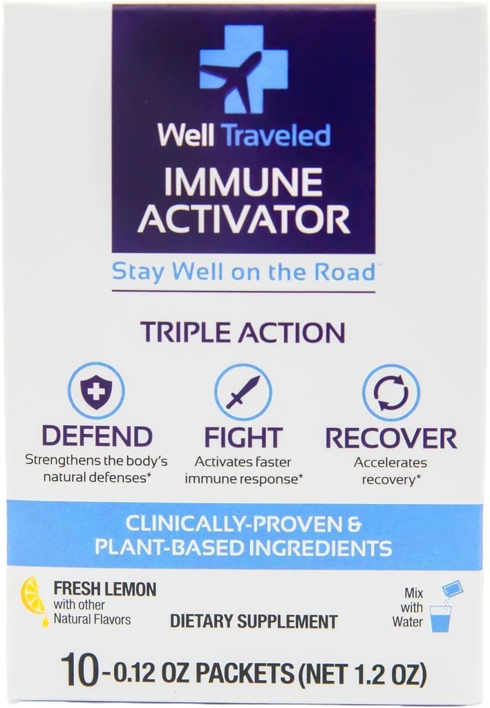 Well Traveled Immune Activator, Natural Drink Mix for Immune Support & Gut Health, Prebiotics, Postbiotics, Vitamin C, Vitamin D, Zinc, No Added Sugar, Science Backed, Lemon Flavor, 10 Count