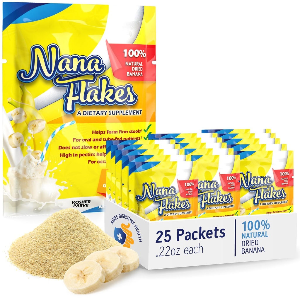 Nana Flakes 100% Pure Banana Flakes Medical Food Powder - Disminuir la ingesta de grasa " Remedio natural para la diarrea " Quema de corazón - Gran fuente de proteínas " fibra (25 paquetes de un solo paso)