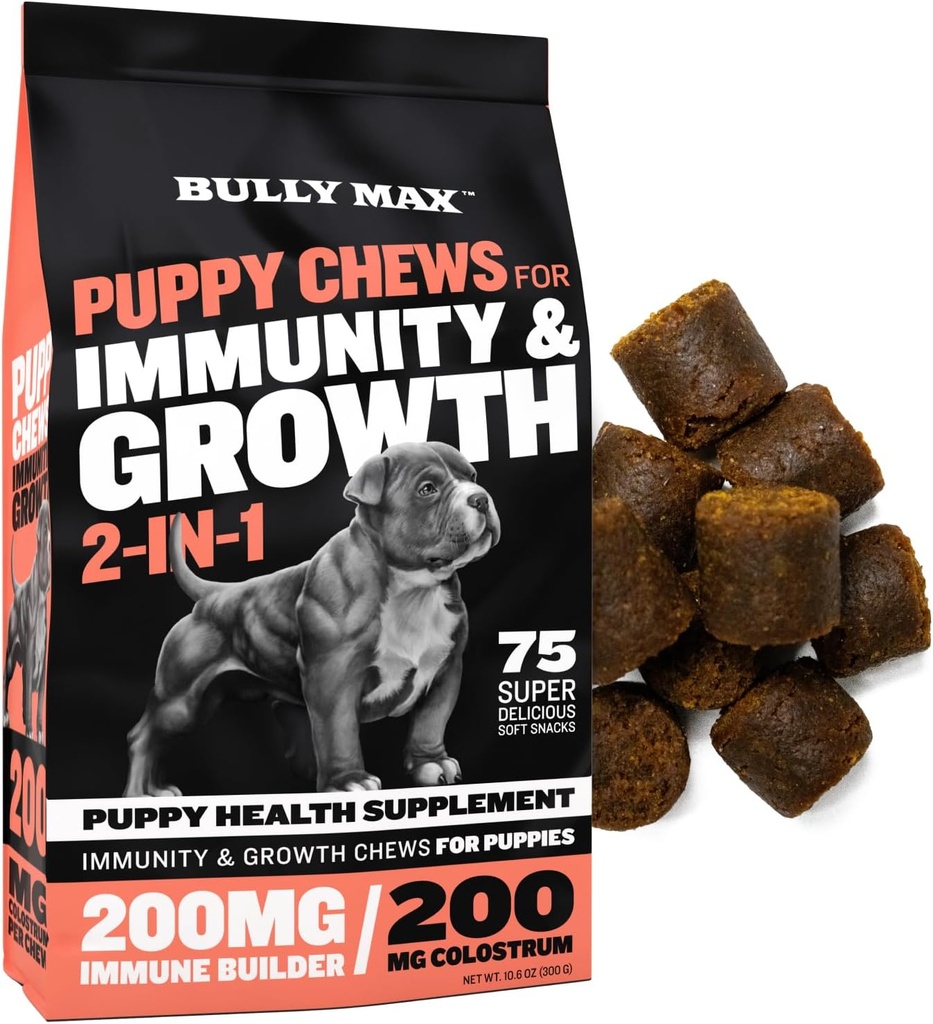 Bully Max 2-en-1 Puppy Treats Soft Chews for Immunity & Growth - Dog Vitamins & Suplementos - Essential Multivitamin Food Topper for Health &amp; Immune Support - Small, Medium &amp; Large Breed Puppies