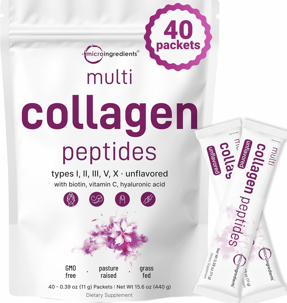 Micro Ingredientes Péptidos multi colágeno Polvo, 40 Stick Packs TENIDO Tipo I, II, III, V, X + Biotina, Vitamina C & Ácido Hialurónico TENIDO Desarrollado TENIDO Apoyo Pelo, Esquía &amp; Salud Conjunta TENIDO Keto, No GMO