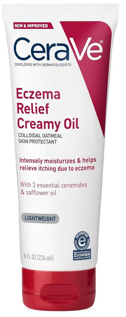 CeraVe Eczema Relief Creamy Body Oil, Eczema Calming Cream with Colloidal Oatmeal " Safflower Oil For Dry Skin " Itchy Skin Relief, Steroid Free " Paraben Free, 8 Ounce
