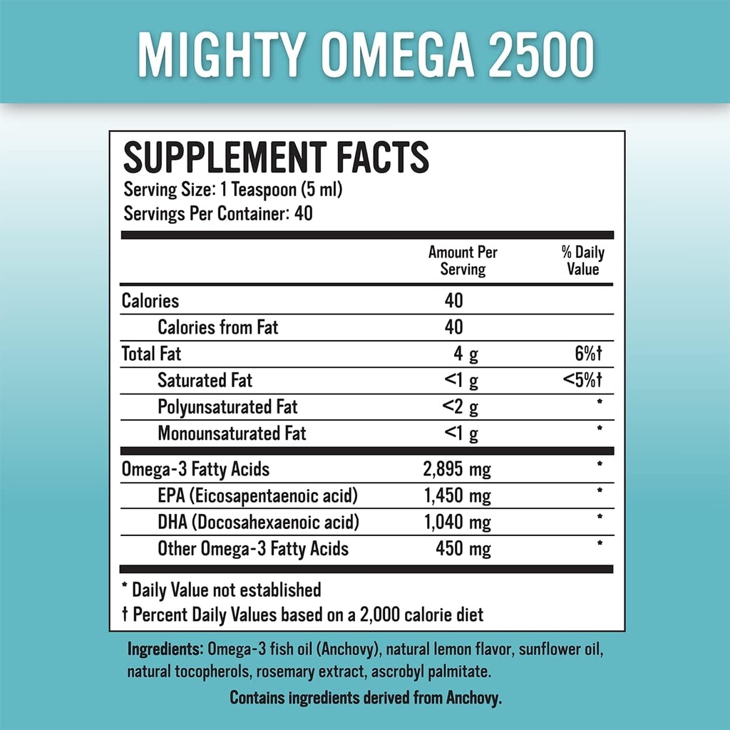 Mighty Omega 2500 Potent Omega 3 Suplemento - 2500 MG EPA DHA Per Teaspoon - High Dose Omega 3 Fish Oil - South Pacific Anchovy Sourced - Triglyceride Omegas 3 Fatty Acid Suplemento