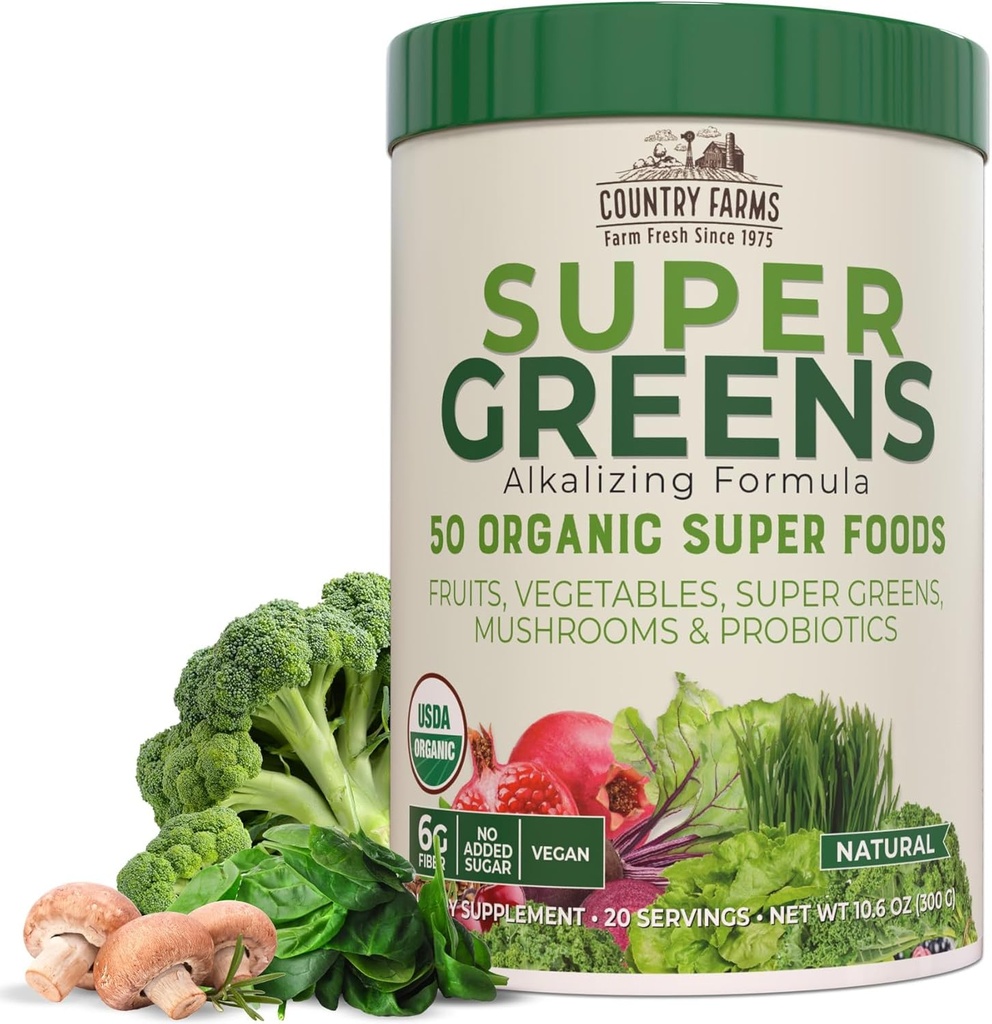 Agroturismo Super Greens Natural Flavor, 50 Ecológico Super Foods, Empaquetado con fibra, USDA Organic Drink Mix, Fruits, Vegetables, Mushrooms & Probiotics, Supports Energy, 6g Fiber