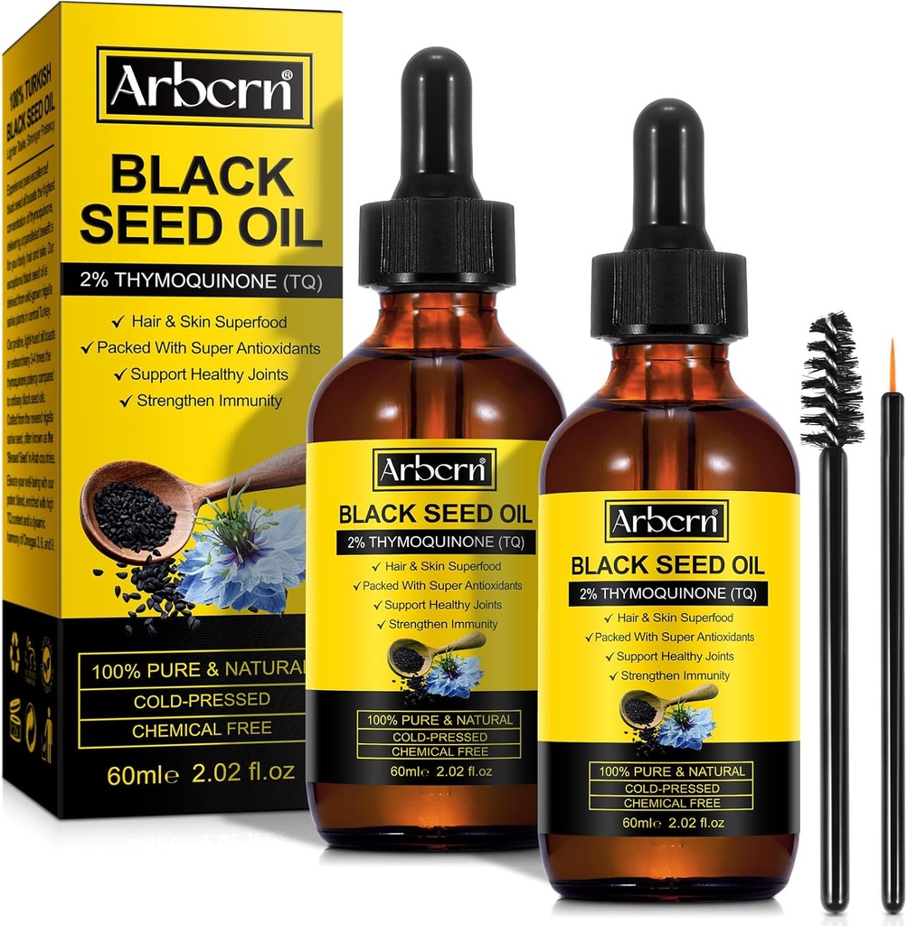 2 Pack Black Seed Oil Organic Cold Pressed,100% Puro &amp; Natural Liquid Black Seed Oil Cold Pressed Glass Bottle 60ML for Skin Cares, Nourishes and Hydrates Hair