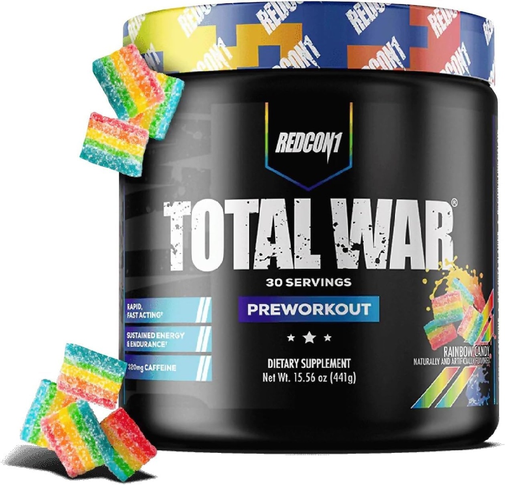 REDCON1 Total War Pre Workout, Rainbow Candy - Beta Alanine + Citrulline Malate Keto Friendly Preworkout for Men & Women with 320mg of Caffeine - Fast Acting (30 Servings)