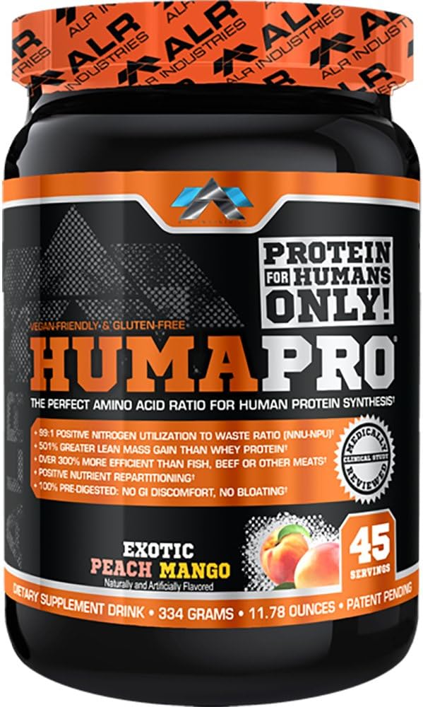 Humapro ← Aminoácidos Matriz Proteína para los seres humanos TENIDO 99% Utilización para el músculo magro ANTE Vegan, Gluten Free TEN 334g / 45 Servings (Exótico Mango de Peach)
