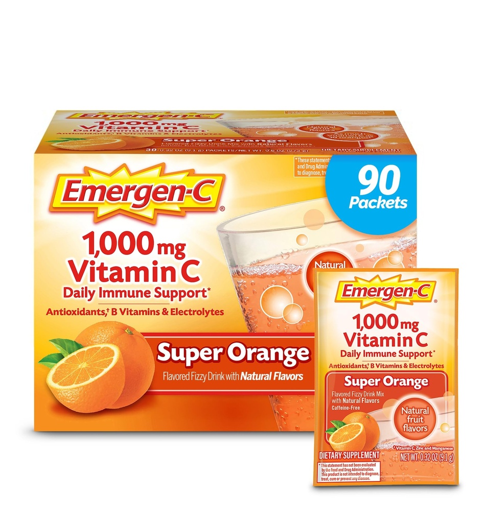 Emergen-C 1000mg Vitamina C Powder para soporte diario Caffeine Free Vitamina C Suplementos con zinc y manganés, vitaminas B y electrolitos, Super Orange Flavor - 90 Conde/3 Month Supply