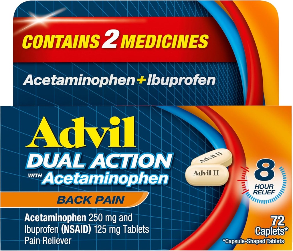 Advil Dual Action Back Pain Caplets ofrece 250mg Ibuprofen y 500mg Acetaminophen Por Dose durante 8 Horas de Back Pain Relief - 72 Cuenta