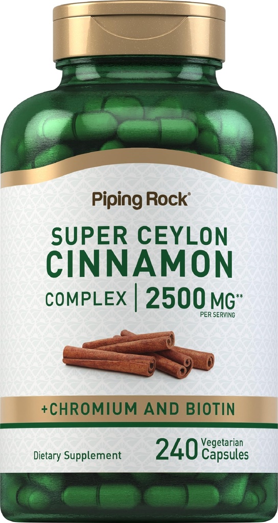 Piping Rock Super Ceylon Cinnamon Complex Capsules Ø 2500 mg TEN 240 Powder Pills TENIDO Suplemento Extracto con Cromo y Biotina ANTE Vegetariano, No GMO, Gluten Free