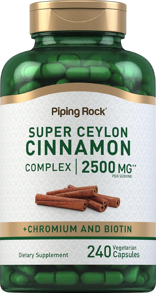Piping Rock Super Ceylon Cinnamon Complex Capsules Ø 2500 mg TEN 240 Powder Pills TENIDO Suplemento Extracto con Cromo y Biotina ANTE Vegetariano, No GMO, Gluten Free