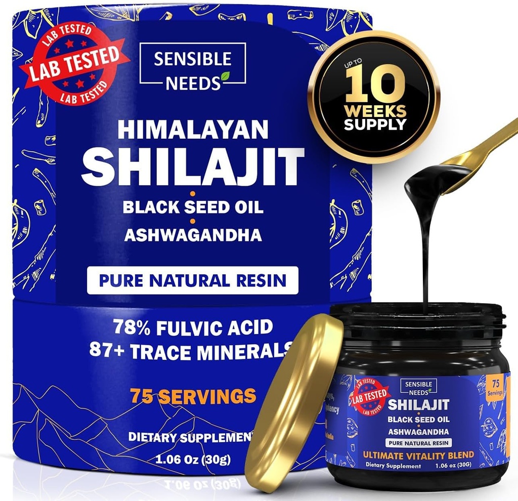 Puro Himalayan Shilajit Suplemento de resina orgánica, Shilajit para hombres " mujeres con aceite de semilla negra " Ashwagandha, energía, inmunidad, 78% ácido fúlvico, 87+ Trace Minerals, 400 mg